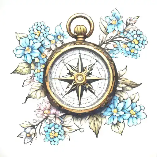 A compass surrounded by forget-me-not flowers, symbolizing the importance of remembering loved ones affected by dementia tattoo design idea
