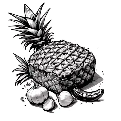 pork chop pineapple pepper garlic cloves and herbs tattoo design idea