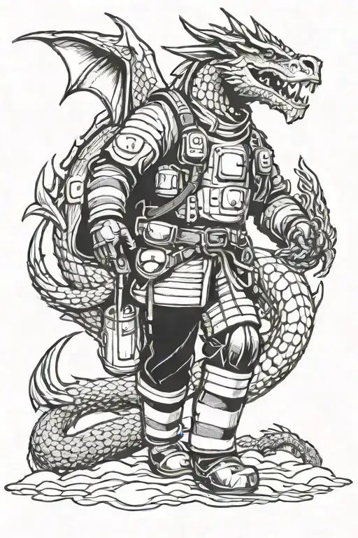 kneeled firefighter with his Helm and apparel with dragon spirit, strength and honor tattoo design idea