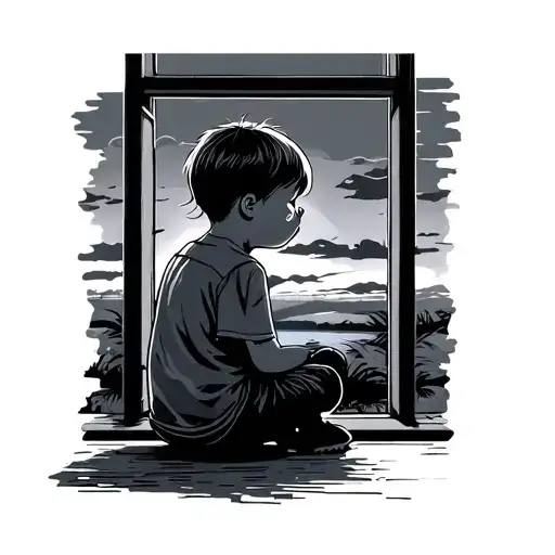 a sobbing child sitting and looking out a modern window looking out at a sunset tattoo design idea