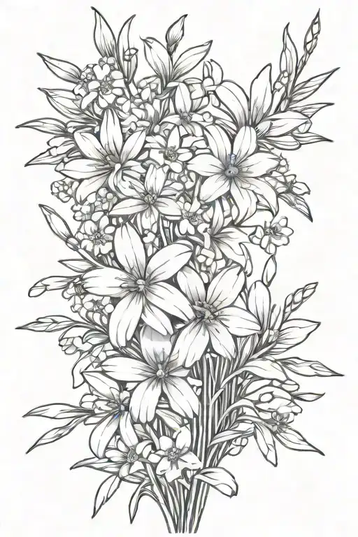 daisies and daffodils with cherry blossoms, snow drops, violets, greenery stems bouquet  tattoo design idea