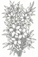 daisies and daffodils with cherry blossoms, snow drops, violets, greenery stems bouquet  tattoo design idea