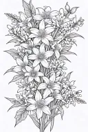 daisies and daffodils with cherry blossoms, snow drops, violets, greenery stems bouquet  tattoo design idea