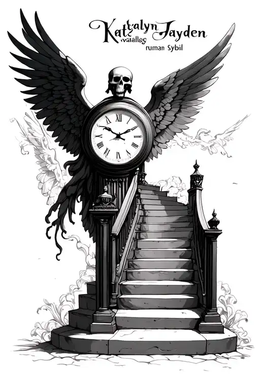 "Katelyn  Jayden wallace sybil " human skulls clocks stair way to heaven katelyn jayden  angels tattoo design idea