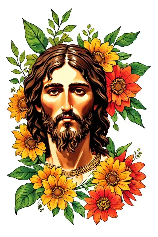 jesus happy flowers tattoo design idea