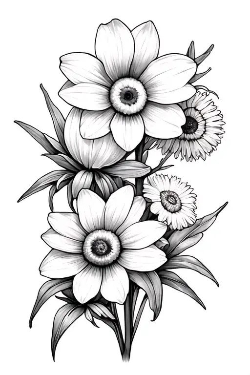 Daffodil,Daisy,aster, marigold flowers tattoo design idea