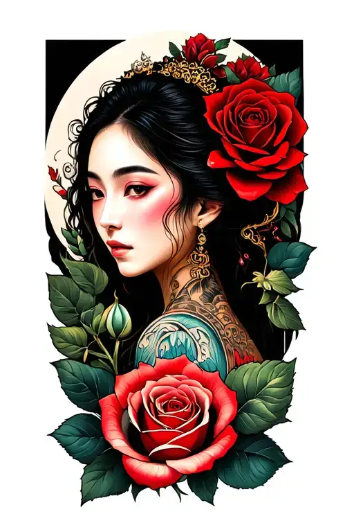 A bold tattoo starting from the hand, featuring an Asian woman’s serene face emerging from a red rose. Above her, a feat tattoo design idea