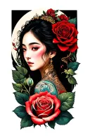 A bold tattoo starting from the hand, featuring an Asian woman’s serene face emerging from a red rose. Above her, a feat tattoo design idea