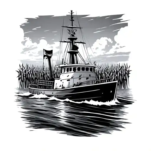 naval vessel riding over a sea of corn fields tattoo design idea