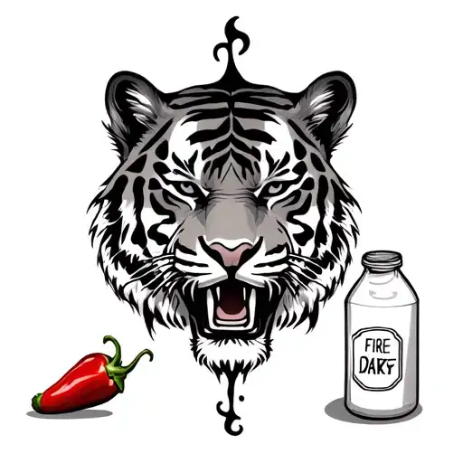 "Fire" Tiger head with bottle of milk and a pepper tattoo design idea