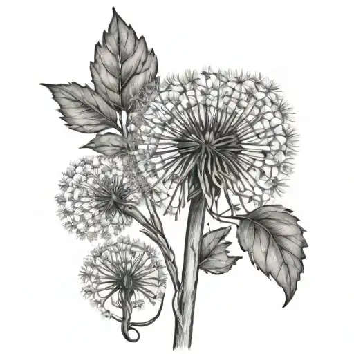 A dandelion flower with its stem intertwined with a yarrow flower  tattoo design idea