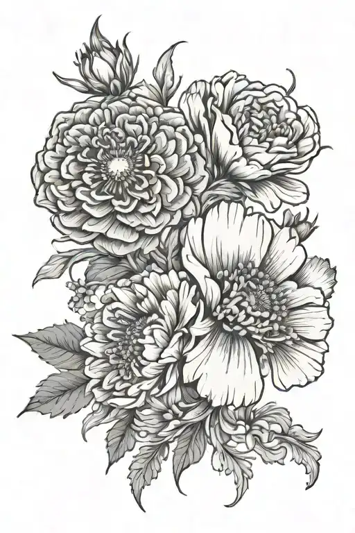 marigold flower and cosmos flower bouquet tattoo design idea