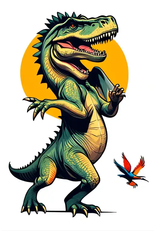 dinosaur dancing with bird flying tattoo design idea