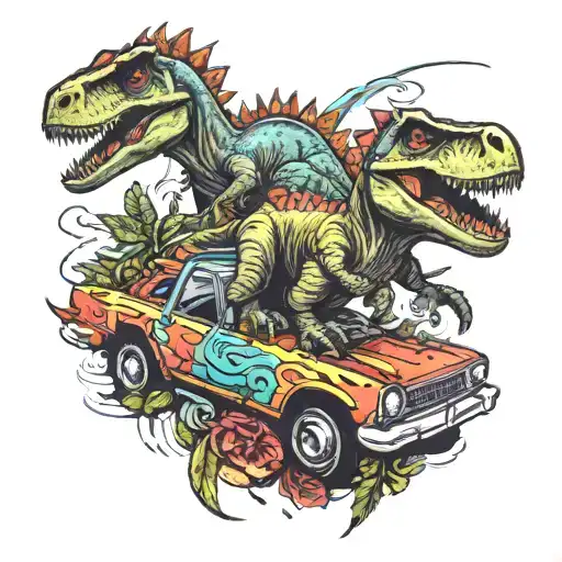 dinosaurs in car tattoo design idea
