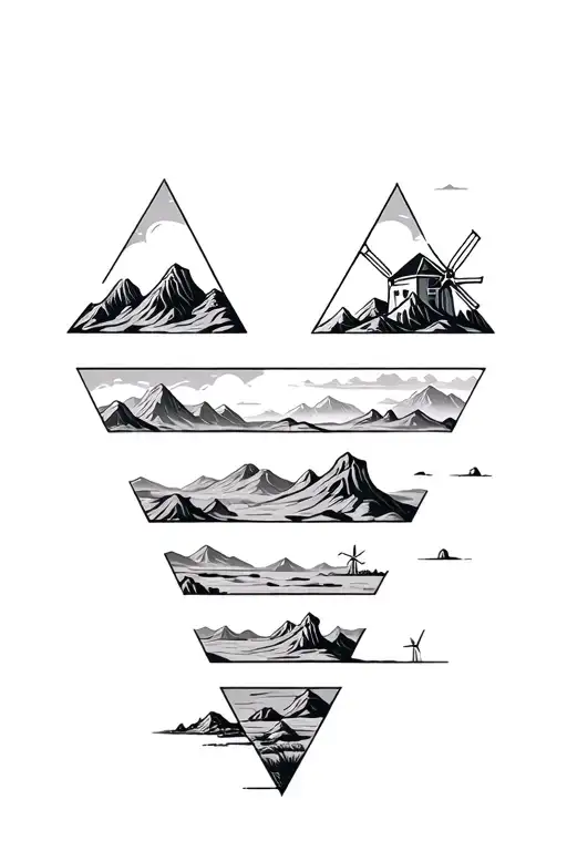 3 triangles with desert mountains and windmills tattoo design idea