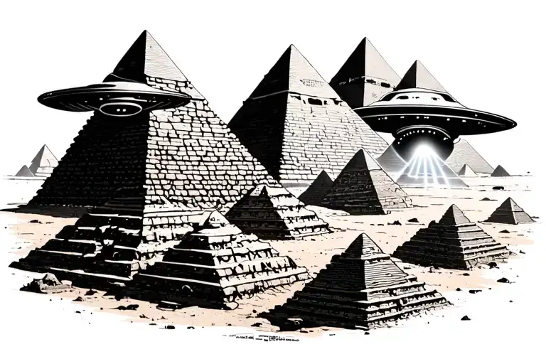 ufo beaming over pyramids of giza in background tattoo design idea
