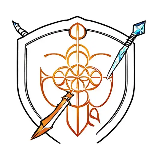 shield with flower of life on face cross bolo knife and staff with crystal cross behind shield tattoo design idea