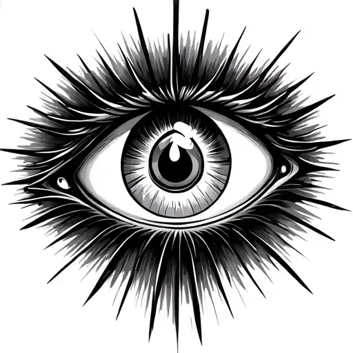 A black and white teardrop eye tattoo with rays around it. The eye should not be too big or too narrow. The tear should  tattoo design idea