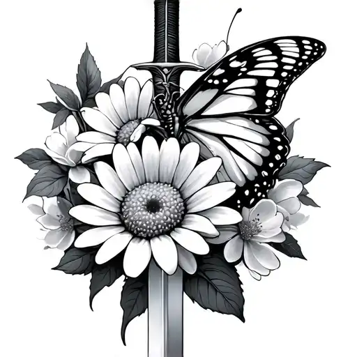 daisy and cherry blossom with butterfly and sword black and white tattoo design idea