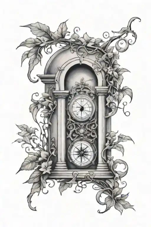 Arch monument with wrapping wild vines, and a compass inside the arch. tattoo design idea