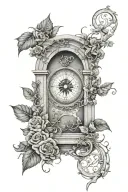 Arch monument with wrapping wild vines, and a compass inside the arch. tattoo design idea