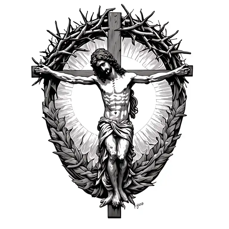 Coverup, Jesus on the cross, crown of thorns, in the middle of sun tattoo design idea