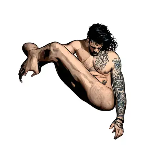 Hypersexual queer Chicano-style tattoo illustration. Black and grey. A seductive, slutty gay man with open legs tattoo design idea