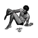 Hypersexual queer Chicano-style tattoo illustration. Black and grey. A seductive, slutty gay man with open legs tattoo design idea