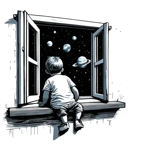 kid sitting out window looking at space tattoo design idea