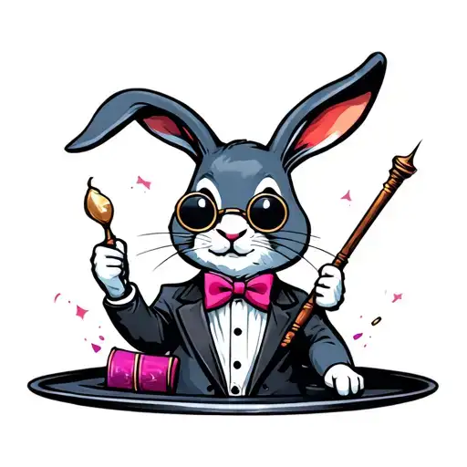 a rabit coming out of a magicians hat. thare rabbit is holding a wand wearing a monocle and bowtie tattoo design idea