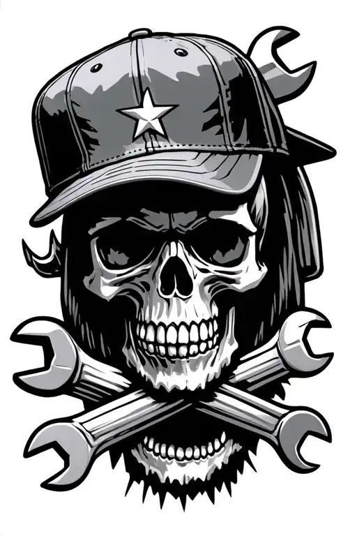 wrenches, skull, baseball cap, american, truck tattoo design idea