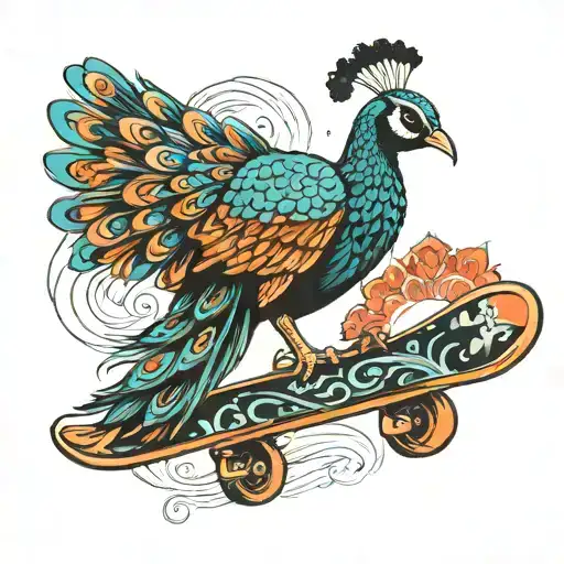 peacock on snowboard strapped tattoo design idea