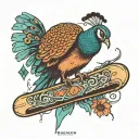 peacock on snowboard strapped tattoo design idea