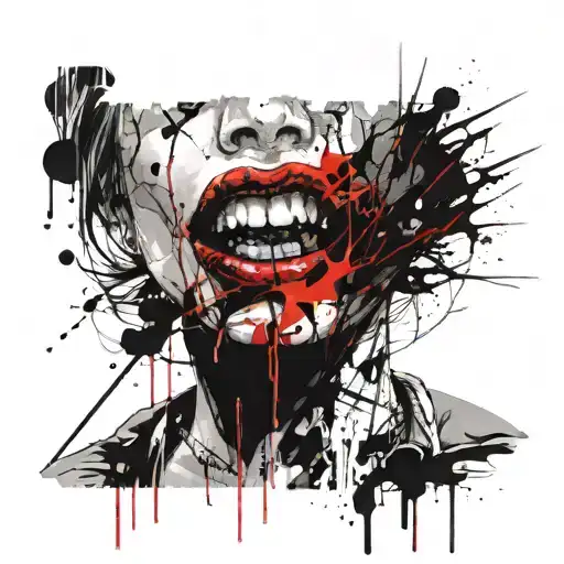 Woman's head turned to the right with evil black eyes and black eye shadow. Evil grin with stitched lips and sharp teeth tattoo design idea