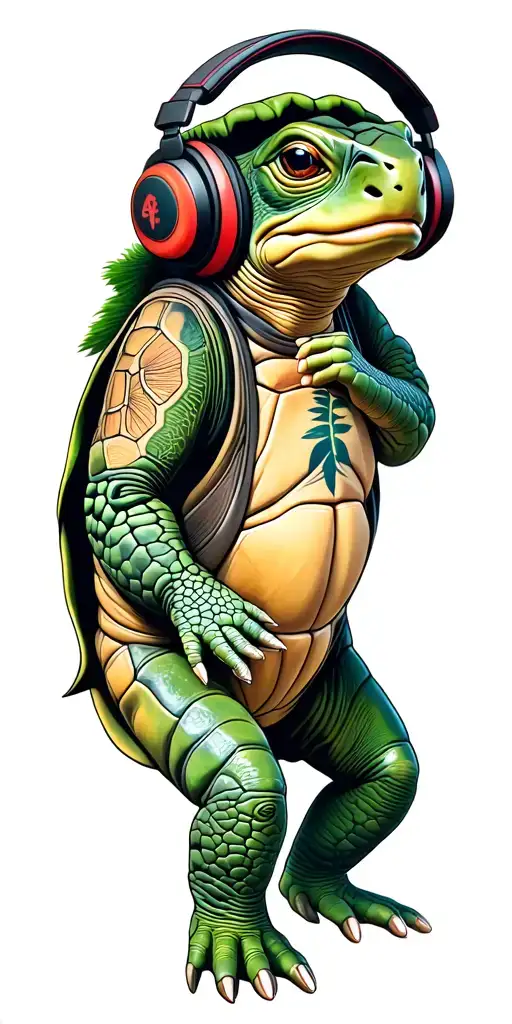 Turtle wearing headphones and holding tattoo design idea