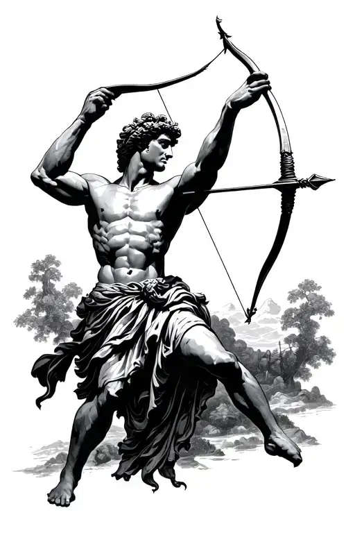 greek deity apollo reaching straight above his head to load a bow and arrow tattoo design idea