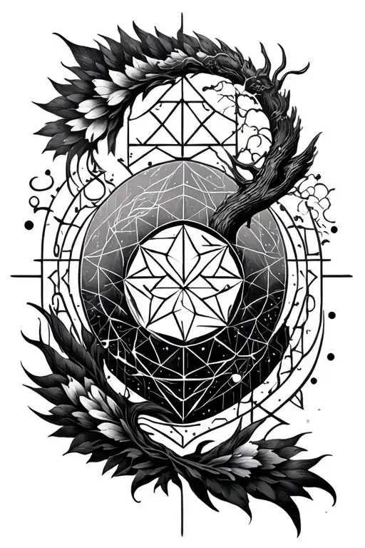 sacred geometry patterns incorporating symbols, incorporate tree of life, metatron cube and other geometrical figures tattoo design idea