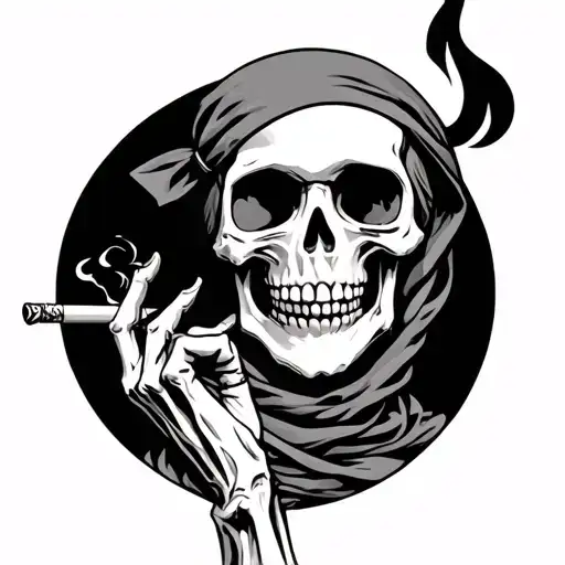 half of skeleton smoking a joint wearing bandana around neck with both middle fingers up tattoo design idea