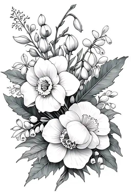 floral design using daffodil, carnation, peony, snowdrop, lily of the valley and holly leaves tattoo design idea