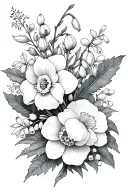 floral design using daffodil, carnation, peony, snowdrop, lily of the valley and holly leaves tattoo design idea