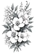 floral design using daffodil, carnation, peony, snowdrop, lily of the valley and holly leaves tattoo design idea