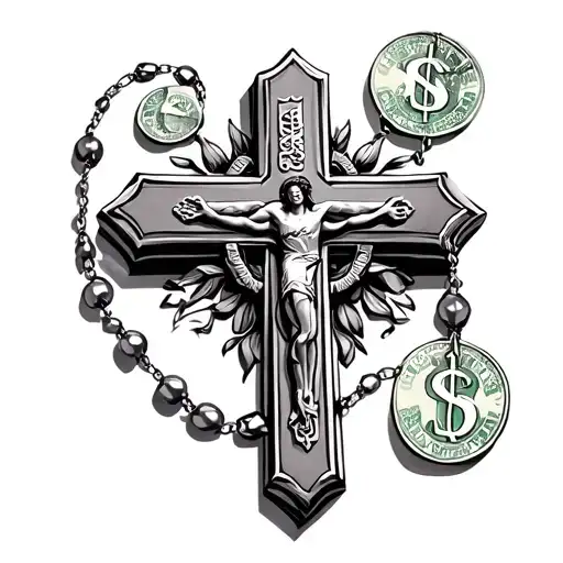 money cross and rosary tattoo design idea