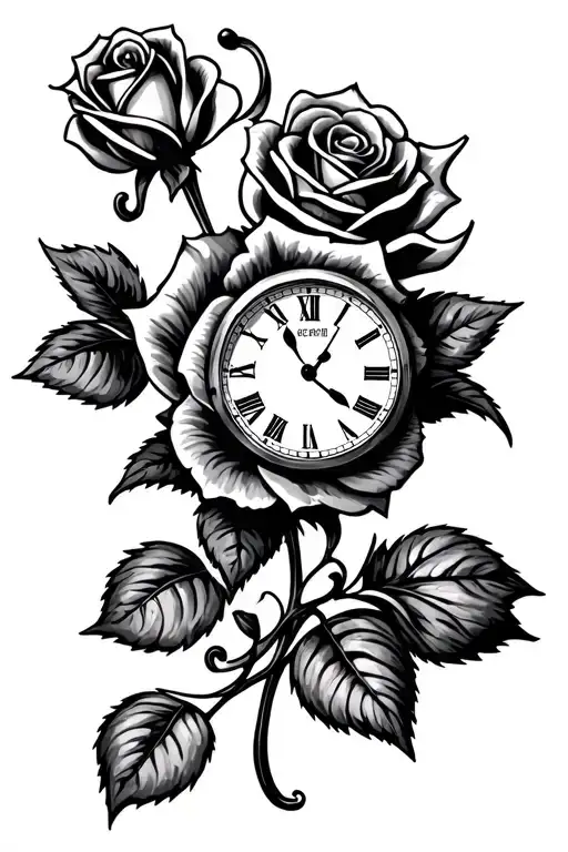 money rose with clock and gambling themed tattoo tattoo design idea