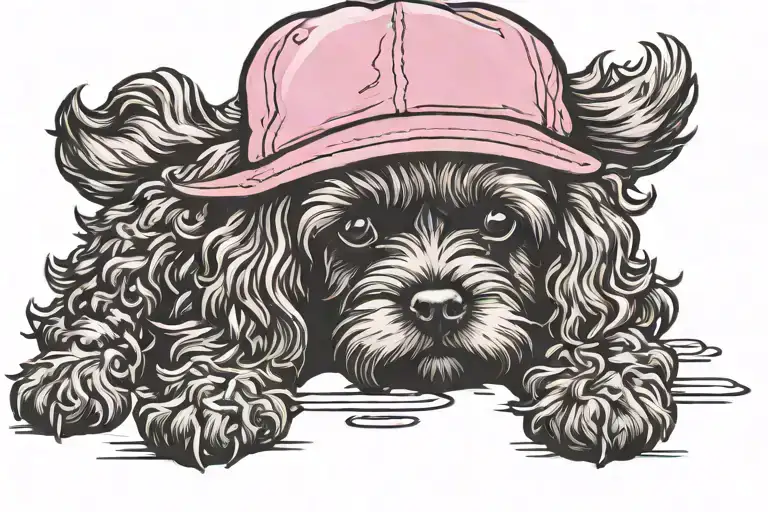 black cockapoo with pink hat sitting tattoo design idea