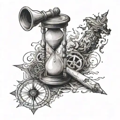 realism map with hourglass, candle, and compass rose with intricate tattoo design idea