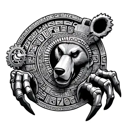 Mayan heiroglypics that spell Ron, bear claws with gears on the inside, area code 954, birthday 06/12 tattoo design idea