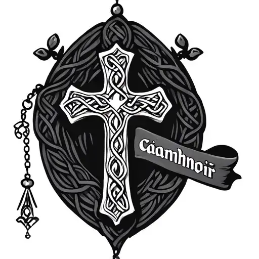 Celtic cross with rosary beads and the phrase Caomhnóir tattoo design idea