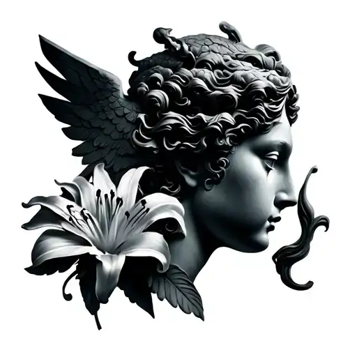Nike of Samothrace with lily flower tattoo design idea