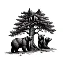 tree with 3 bear cubs climbing and bear on ground looking up at them tattoo design idea