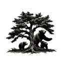tree with 3 bear cubs climbing and bear on ground looking up at them tattoo design idea
